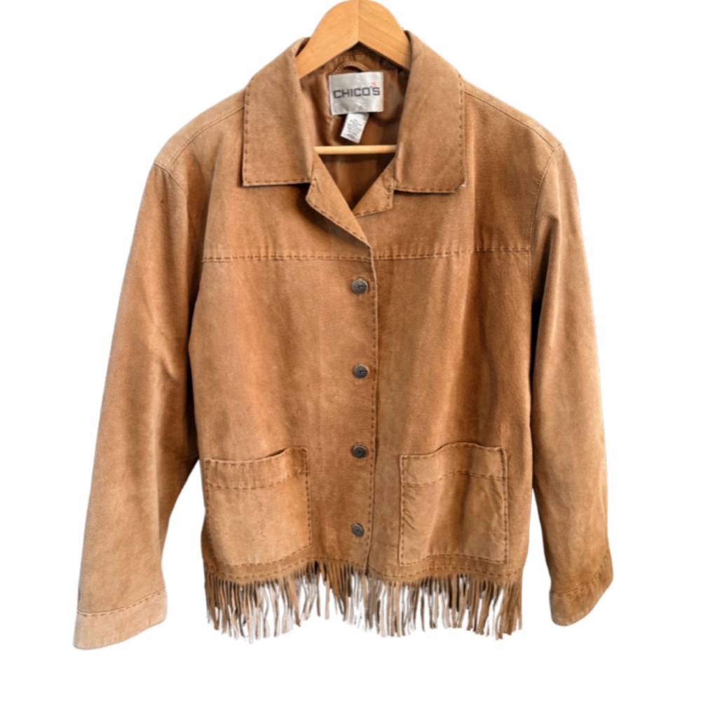 Vintage Chicos Leather Fringe Jacket Tan Size 2/Large